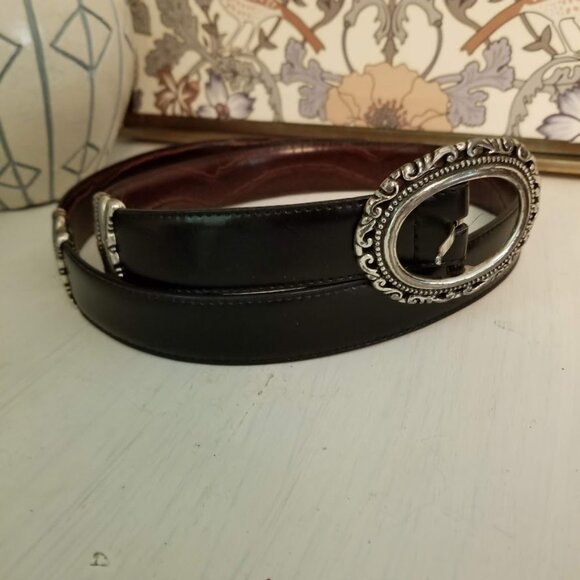 Reversible Women's Brown & Black Leather Belt, Scrollwork Buckle Mock Crock Boho - Picture 4 of 13